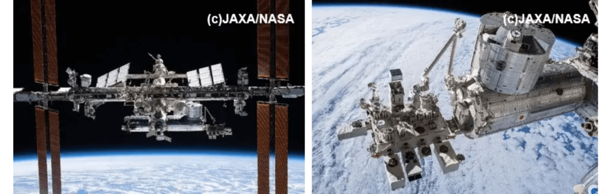 国際宇宙ステーション(ISS)（左）の一部を構成する「きぼう」日本実験棟（右）