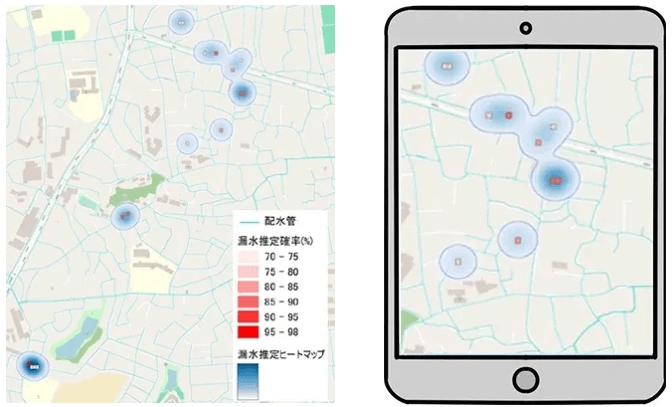 リモート・センシング技術センターの水道管漏水調査サービス「mizuiro」の出力画面とWebアプリのイメージ (RESTECのPRTIMESから引用)