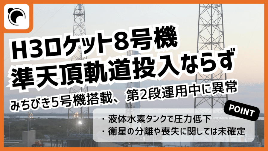 H3ロケット8号機、みちびき5号機の準天頂軌道投入に失敗。液体水素タンクの圧力が低下