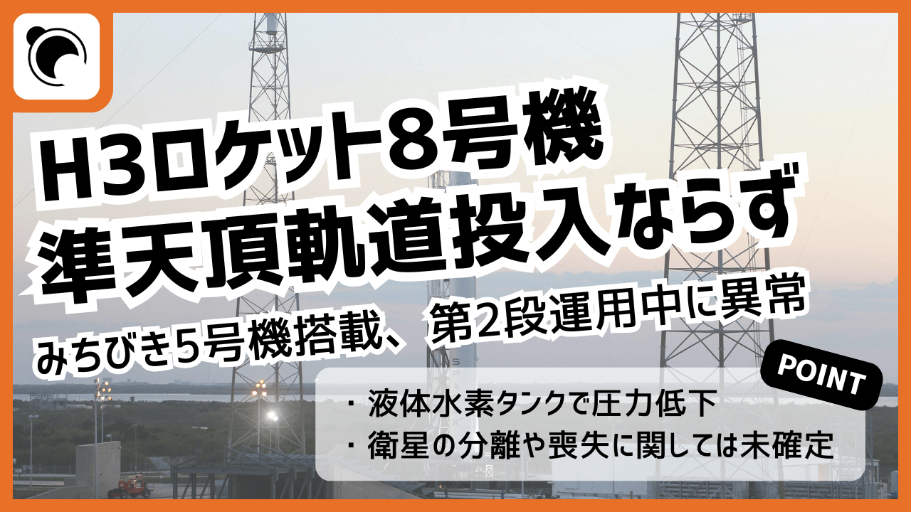 H3ロケット8号機、みちびき5号機の準天頂軌道投入に失敗。液体水素タンクの圧力が低下