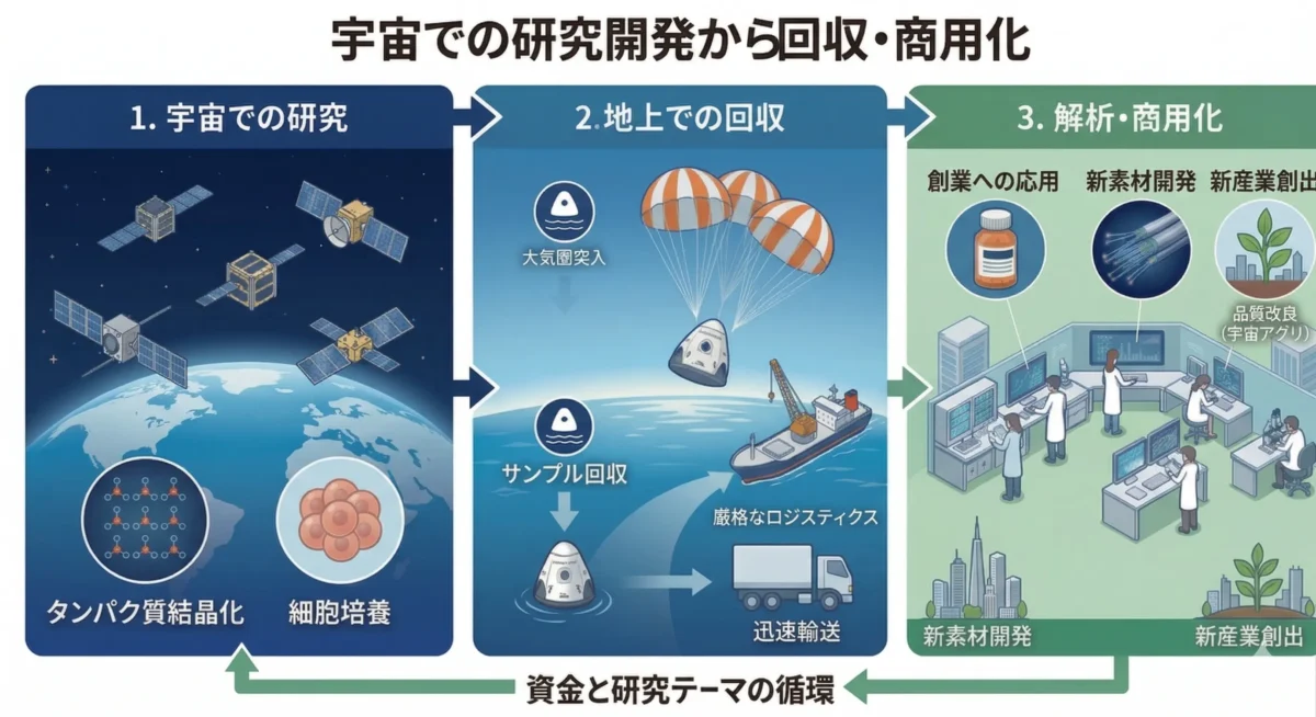 宇宙での研究開発から回収・商用化の流れ