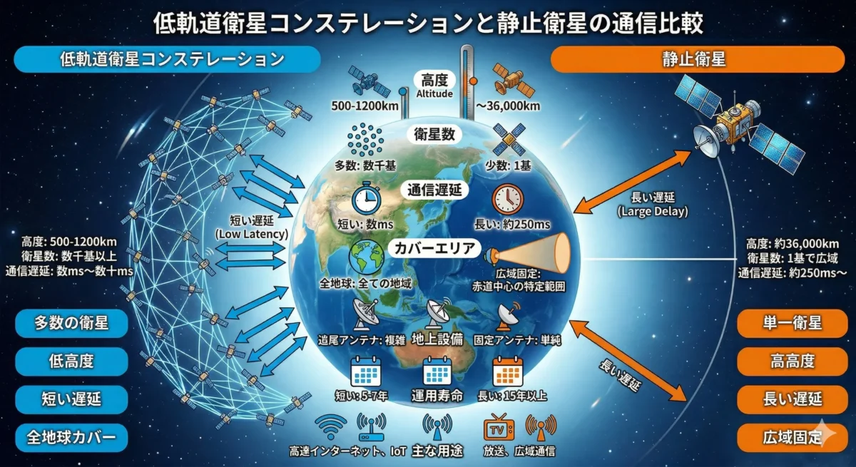 低軌道衛星コンステレーションと通信衛星の比較