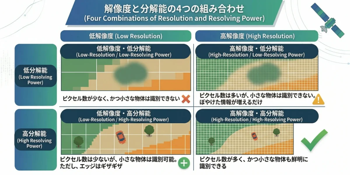 解像度と分解能の4つの組み合わせによる違い