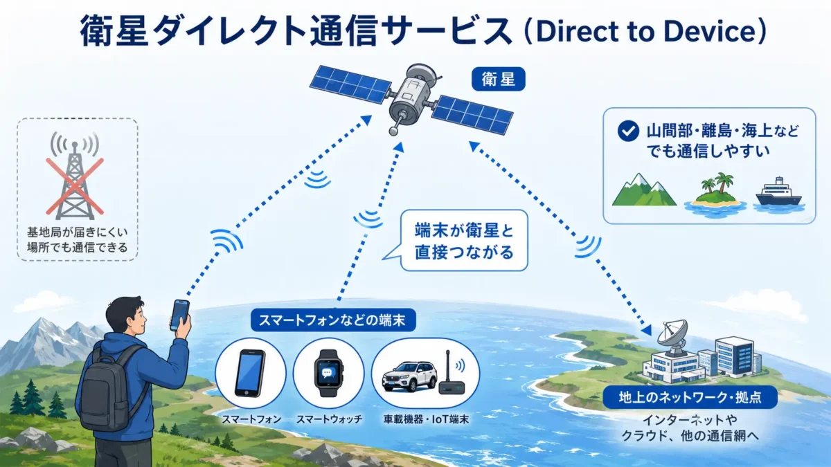 衛星ダイレクト通信サービス（Direct to Device）の仕組み。スマートフォン、スマートウォッチ、車載機器・IoT端末が衛星と直接つながり、山間部・離島・海上など基地局が届きにくい場所でも通信できることを示す図。