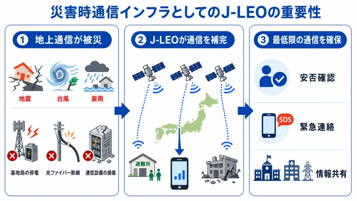 災害時通信インフラとしてのJ-LEOの重要性を示す図。地震・台風・豪雨で基地局の停電、光ファイバー断線、通信設備の損傷が発生した際に、低軌道衛星コンステレーションが日本各地のスマートフォンや避難所を補完し、安否確認、緊急連絡、自治体・医療機関などとの情報共有を支える仕組み。
