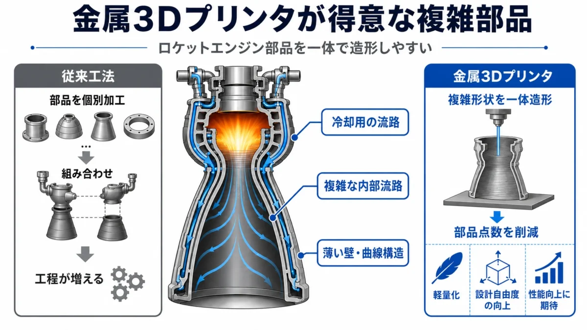 金属3Dプリンタが得意な複雑部品を作るイメージ図
