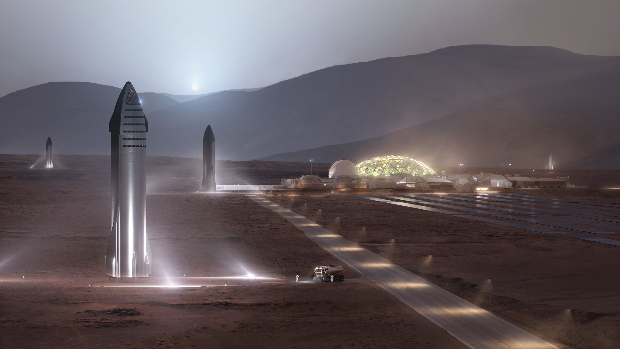 スペースエックス（SpaceX）のスターシップ（Starship）による火星コロニー構想のイメージ図。火星基地や居住ドームが描かれており、スペースエックスが推進する火星移住計画と将来の宇宙開発ビジョンを表現している。