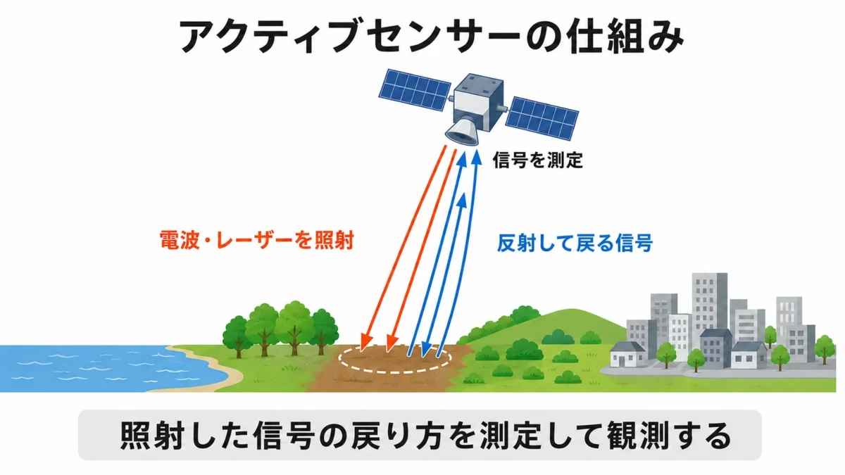 人工衛星から地表へ電波やレーザーを照射し、反射して戻る信号を測定するアクティブセンサーの仕組み