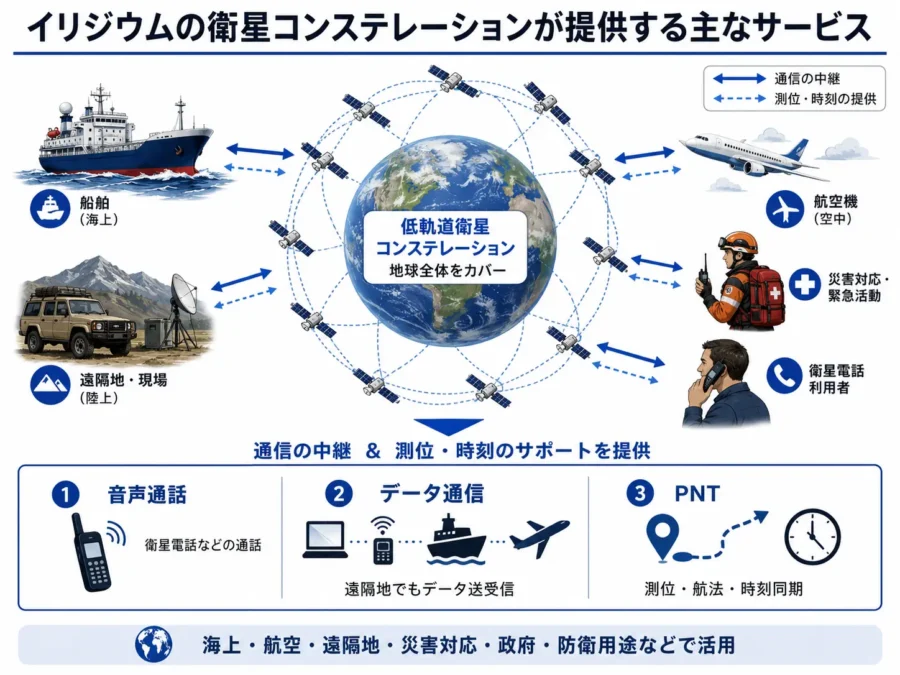 イリジウムの低軌道衛星コンステレーションが提供するサービスの概要。衛星電話による音声通話、データ通信、PNT支援を海上・航空・遠隔地・災害対応・政府防衛用途に提供。