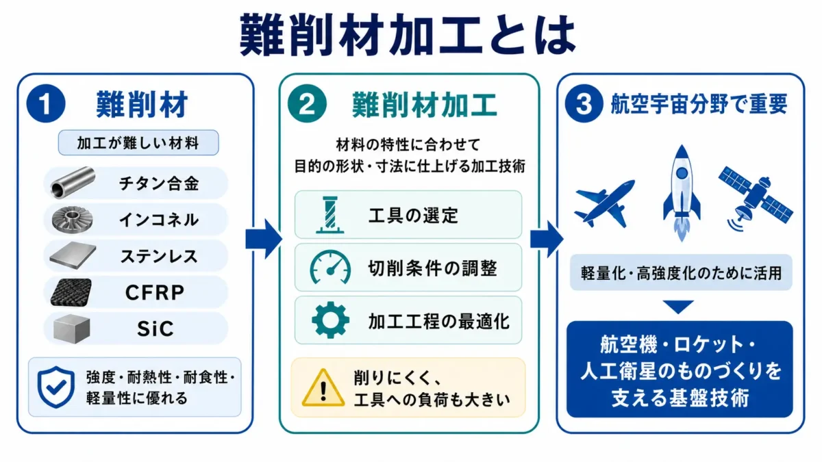 難削材加工の概要を示す図。チタン合金、インコネル、ステンレス、CFRP、SiCなどの難削材を、工具選定や切削条件の調整、加工工程の最適化によって航空機・ロケット・人工衛星部品に加工する流れを解説。