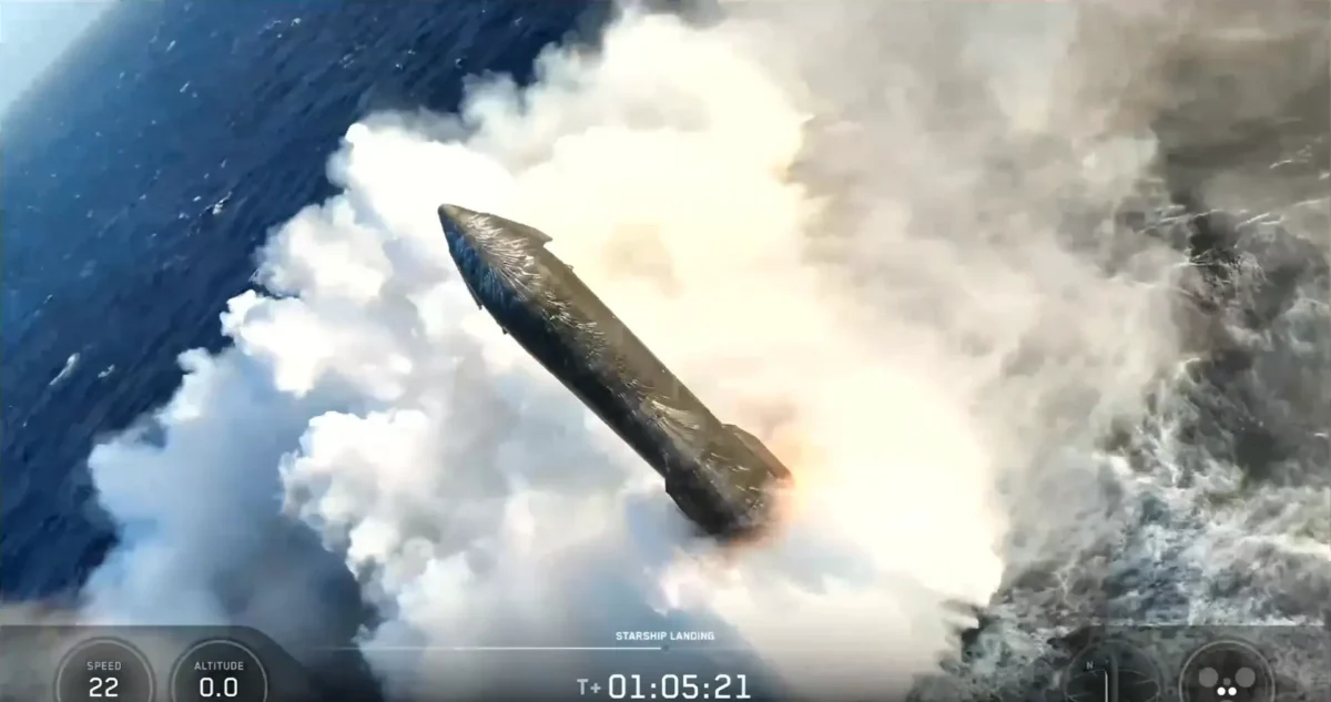 Starshipが第13回飛行試験においてゆっくりと着水する様子