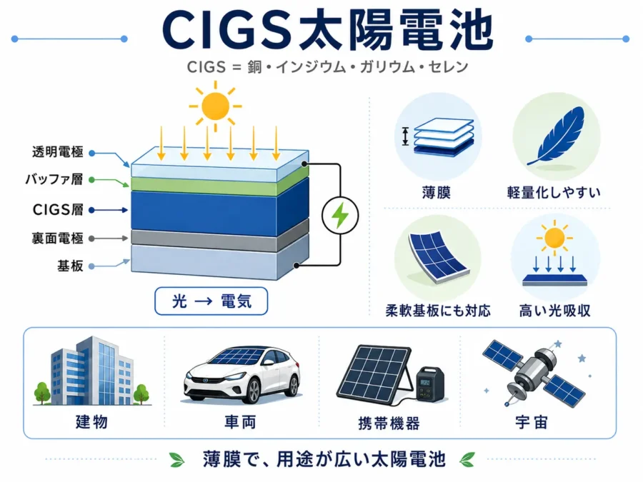 CIGS太陽電池の構造と特徴を示す図。透明電極、バッファ層、CIGS層、裏面電極、基板の積層構造と、薄膜、軽量化、柔軟基板への対応、高い光吸収性、建物・車両・携帯機器・宇宙での用途を紹介。