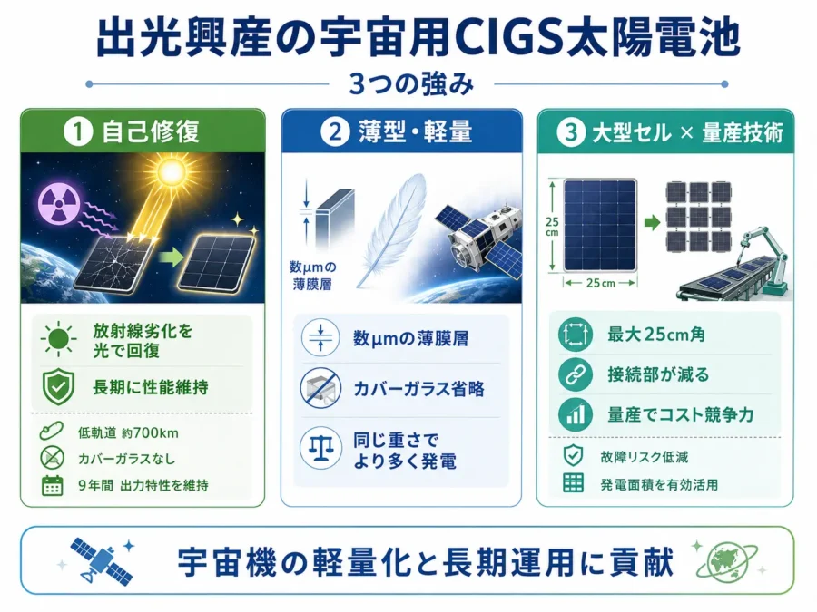 出光興産の宇宙用CIGS太陽電池の優位性を示す図。放射線劣化を光で自己修復する特性、数μmの薄膜層による軽量化、最大25cm角の大型セルと量産技術によるコスト競争力を紹介。