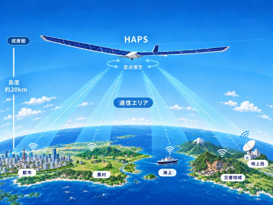 高度約20kmの成層圏を飛行するHAPSが、地上局や都市、農村、海上、災害地域へ通信を提供する仕組みを示した図