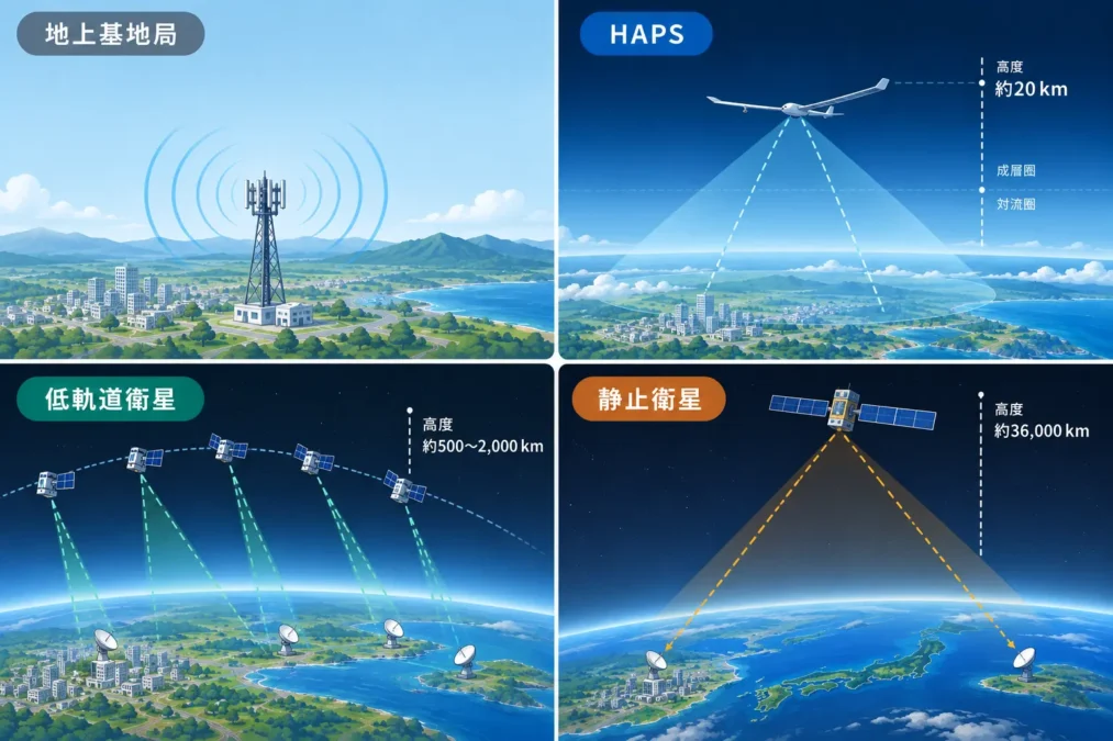 地上基地局、HAPS、低軌道衛星、静止衛星による通信を比較した図。HAPSは高度約20km、低軌道衛星は約500〜2,000km、静止衛星は約36,000kmで通信し、それぞれ地上局と接続する。
