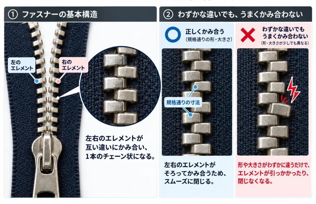 YKKのファスナーで、左右のエレメントがジグザグ状にかみ合う構造と、わずかな寸法の違いで正常にかみ合わなくなる仕組みを示した図