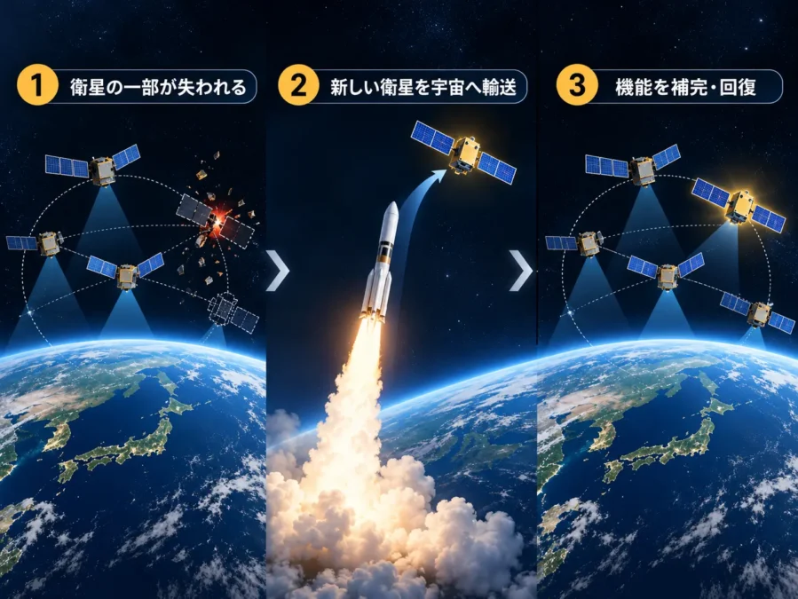 即応宇宙輸送能力の仕組みを示す図。衛星の一部が失われた後、ロケットで新しい衛星を宇宙へ輸送し、衛星の機能を補完・回復するまでの3段階を表している。