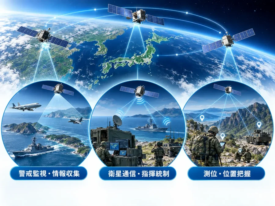 防衛省・自衛隊による人工衛星の活用を示す概念図。日本周辺の警戒監視や情報収集、陸海空の部隊間の衛星通信・指揮統制、隊員や車両の測位・位置把握という3つの用途を描いている。